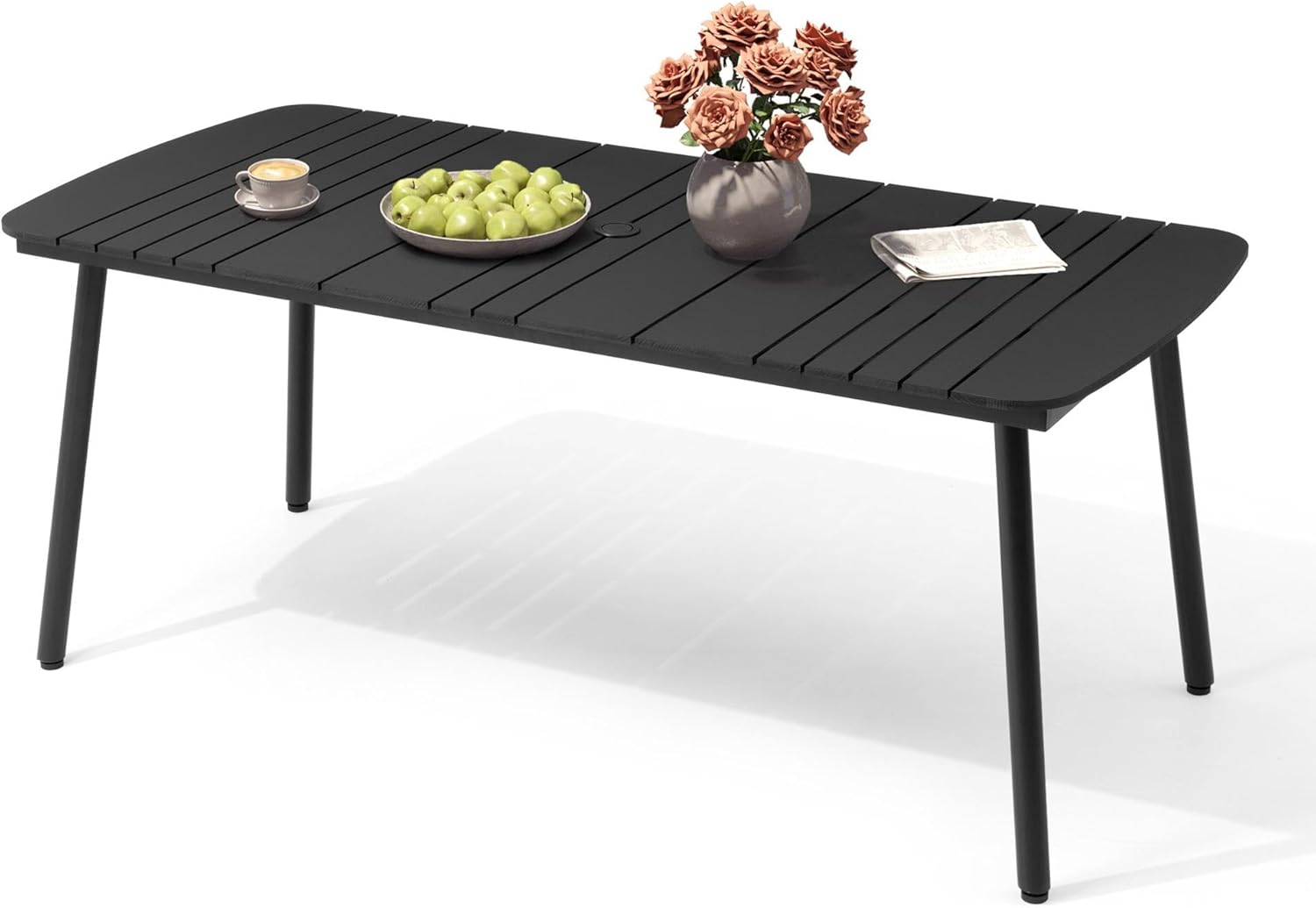 Crestlive Products Outdoor Dining Table for 6, 70In Aluminum Patio Table with Umbrella Hole Weather Resistant Rectangle OutsideTables for Garden Lawn, Black