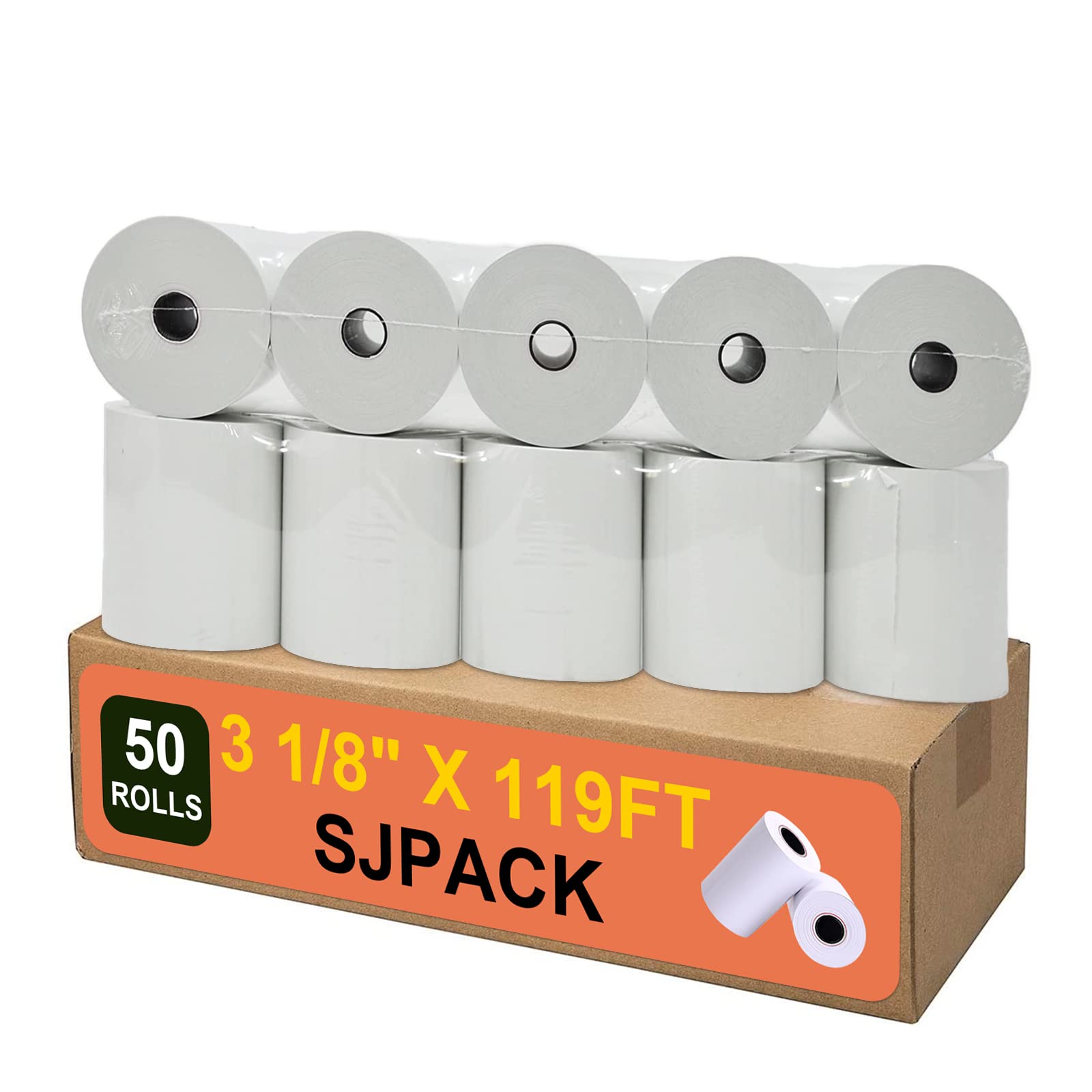 SJPACK Papel térmico de 3 1/8 x 120 pies, papel para recibos, 50 rollos de rollo de caja registradora TM-T88 T-20 T-90 SRP-350 370