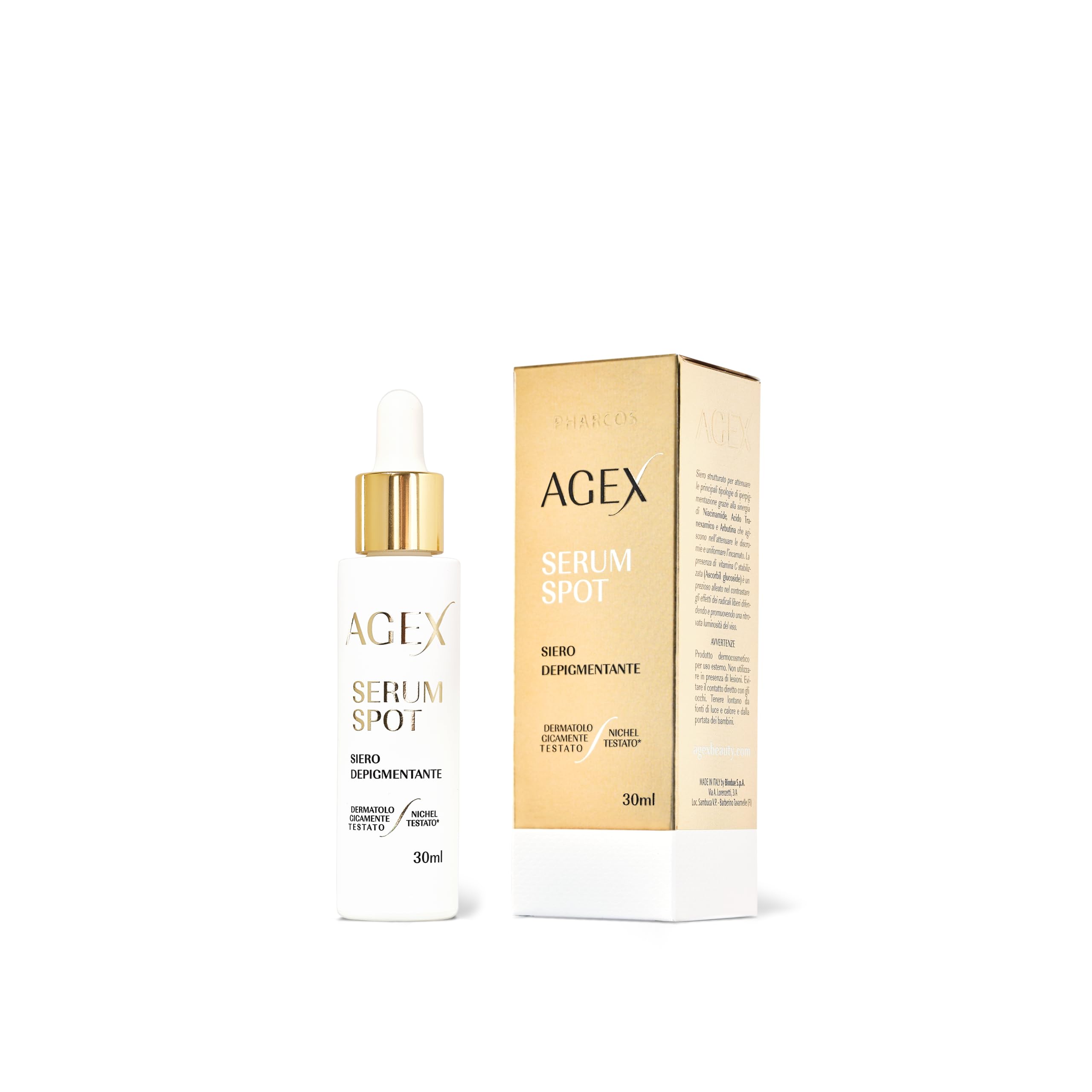 AGEX by PHARCOS® Serum Spot 30 ml - Siero depigmentante per macchie solari e senili. Riduce le discromie e uniforma l’incarnato. Contrasta gli effetti dei radicali liberi