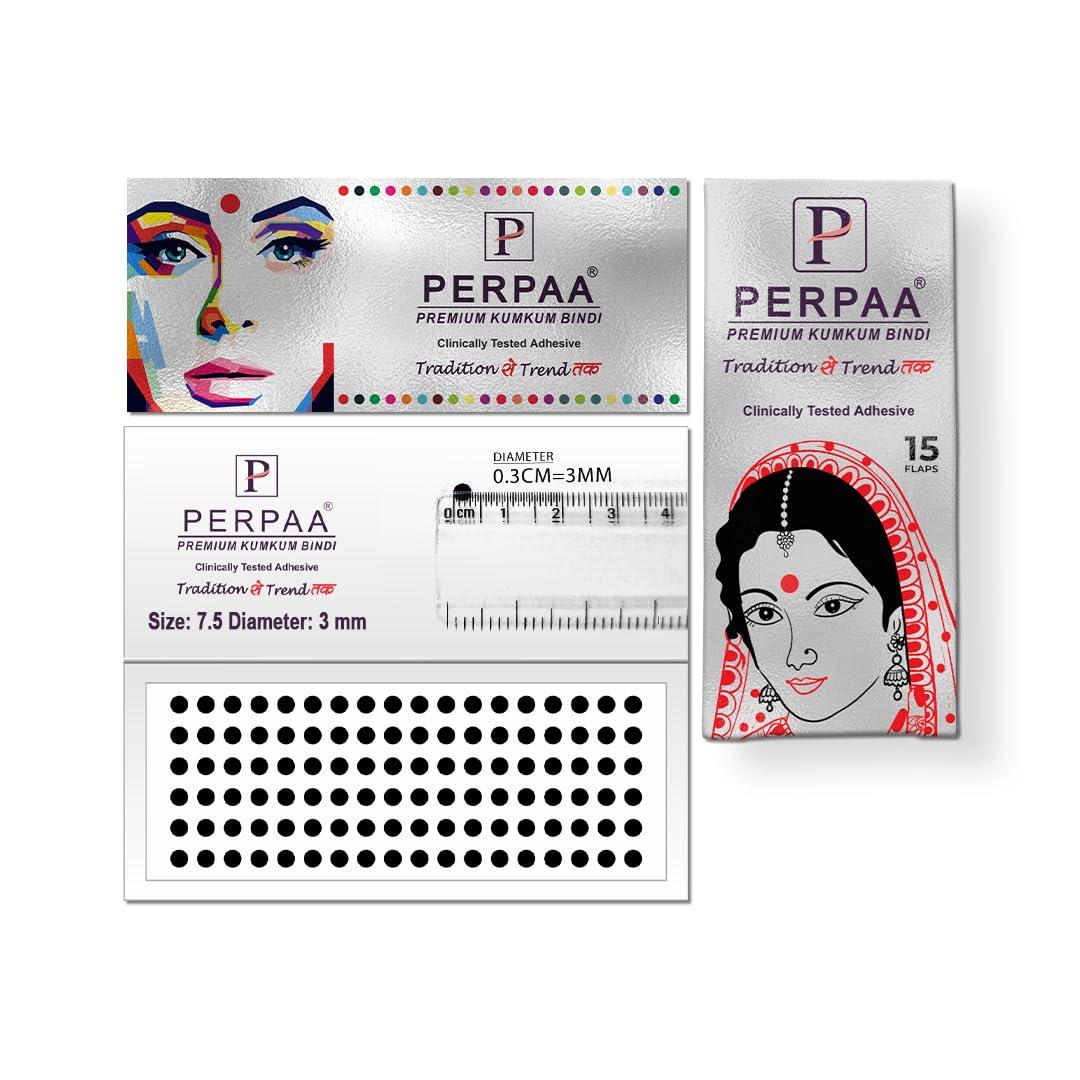 PERPAA Premium Velvet Sticker Kumkum Bindi Box of 15 Flaps - Pottu for Women,Ladies, Girls (Size 7.5, Diameter 3mm, Black)