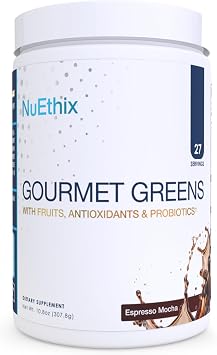 NuEthix Formulations Gourmet Greens Drink Powder Dietary Supplement with Fruit and Vegetable Superfoods and Probiotics, Espresso, 27 Servings