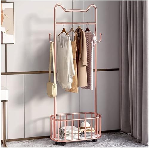 NEPHEW Perchero independiente para ropa con barra superior, almacenamiento inferior y 4 ganchos, perchero independiente de doble barra (color rosa,