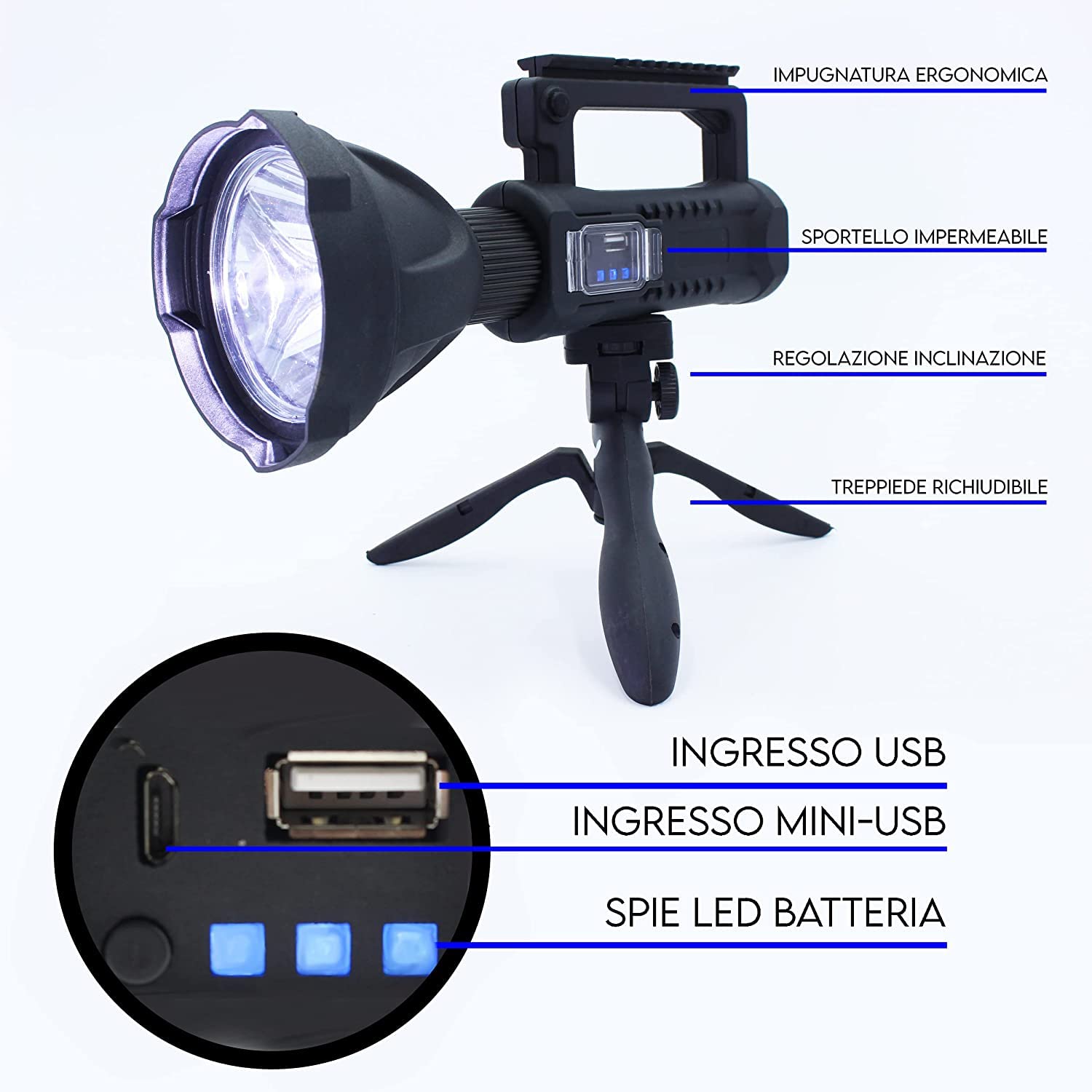 Torcia Led Militare Ricaricabile Powerbank, Lampada Potente 100W 20000 Lumen, Portatile Super Luminosa con 4 Modalità, Luce con Treppiede Supporto, per Pesca Caccia Campeggio Escursionismo Trekking