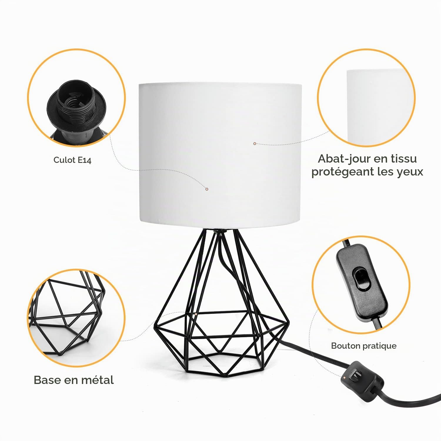 Aigostar - Lampe de Table de Style Rétro Industriel, Culot Fin E14. Lampe de Chevet Décorative avec Base en Métal et Abat-jour Blanc, Idéale Décoration Chambre Salon