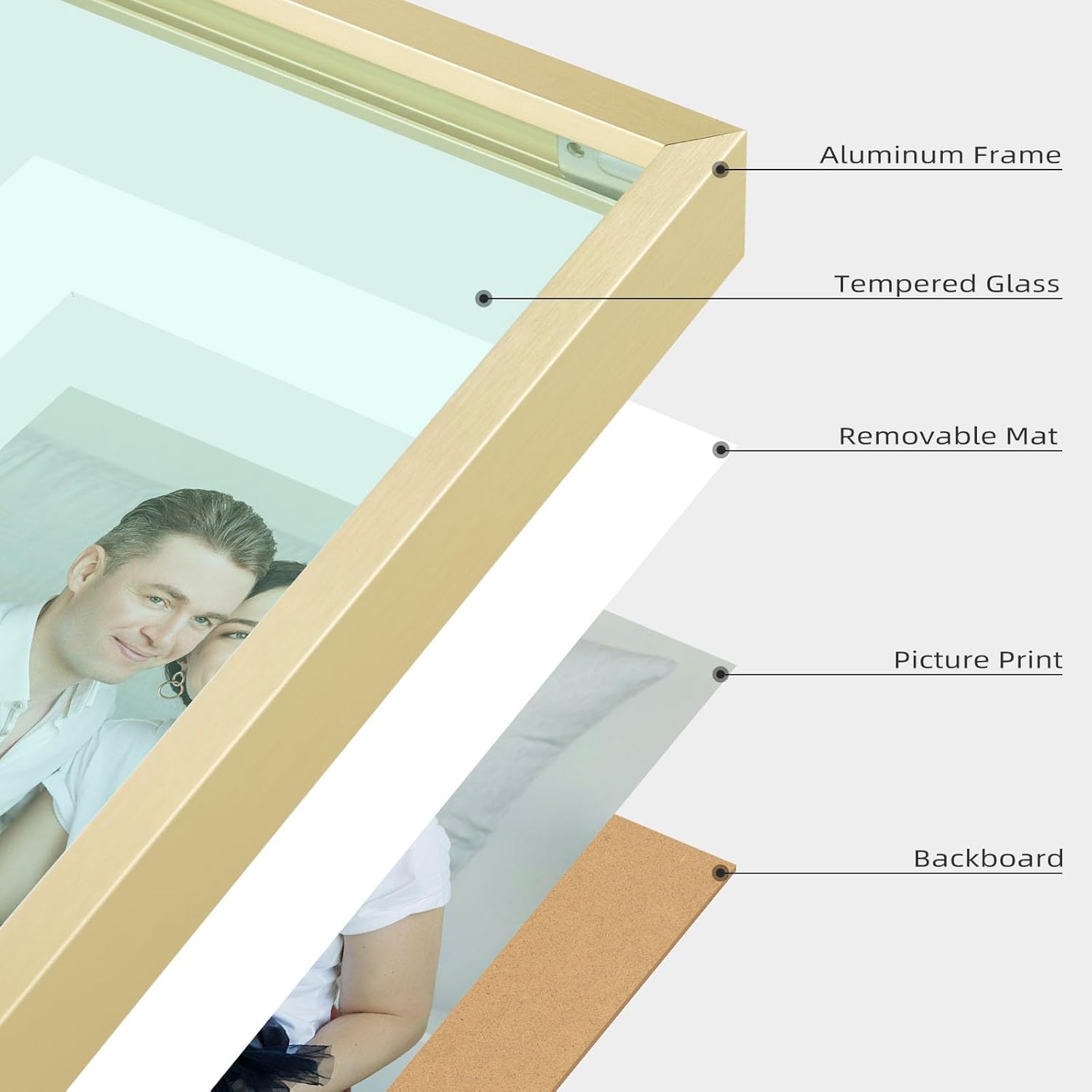 Frametory, 8x10 Aluminum Frames with Ivory Mats for 5x7 Pictures/Photos - Real Glass- Portrait/Landscape - Horizontal and Vertical Formats for Wall and Table Mounting (Gold, 2 Pack)