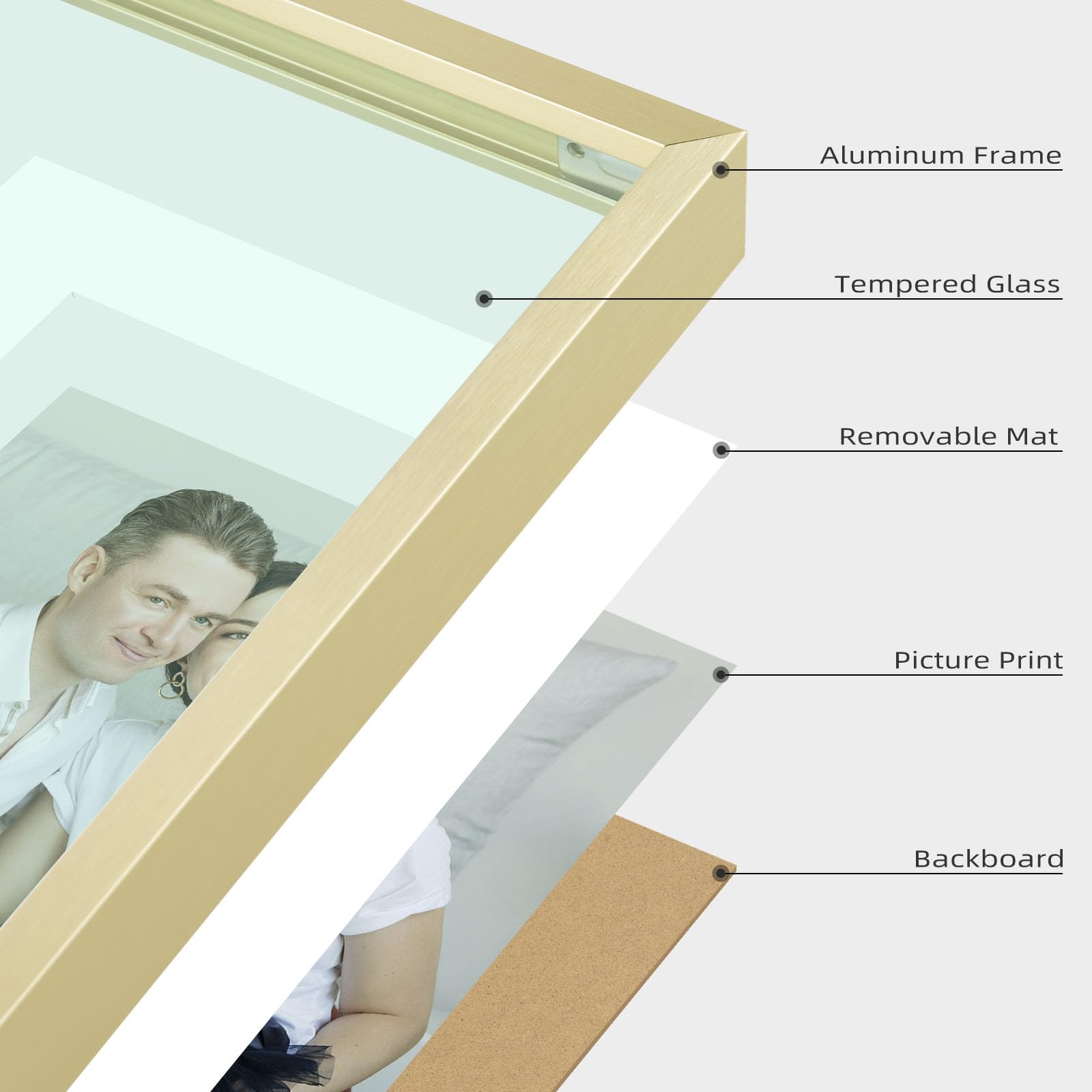 Rahmen aus Aluminium mit elfenbeinfarbenen Matten für 4 x 6 Bilder / Fotos – Tischplatte Display – Echtglas, Schwenkbare Rücken, Staffeleiständer, Hoch- und Querformat – Metallsammlung Modern 5x7 gold
