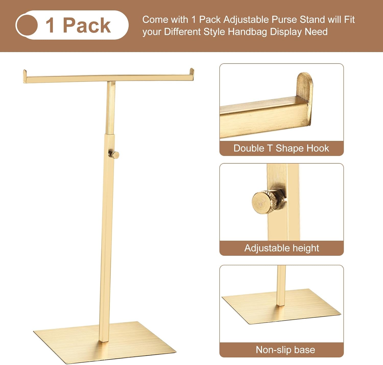 uxcell Purse Display Stand T Shaped Metal Adjustable Handbag Rack Double Hook Holder Necklace Organizer for Home Boutique Store - Gold