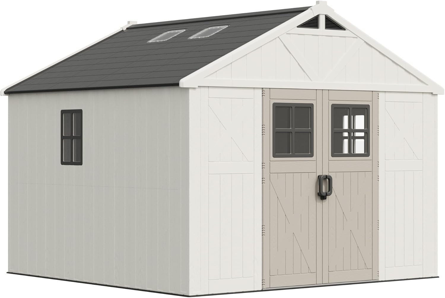 Greesum 10×10FT Plastic Outdoor Storage Shed with Floor and Lockable Door, Resin Sheds with Windows and Skylights, Organization for Garden, Lawn, Backyard, Beige