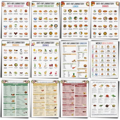 Image of Sinload 12 Pcs Anti-inflammatory Diet Food List Poster Nutrition Grocery List Gut Health Guide Poster for Art Kitchen Room Wall