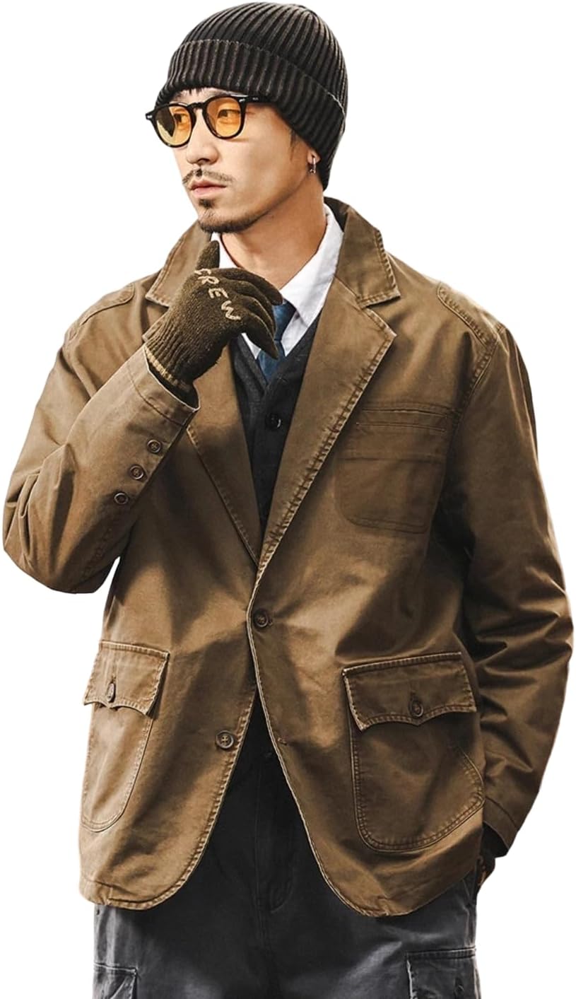 Men's Retro Solid Color 100% Cotton Distressed Washed Suit Jacket