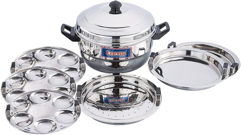 Expresso Stainless Steel Induction Base & Multi Kadhai 18 idli plate/ 2 Dhokla Stand & 1 Steamer Plate, Compatible With Gas Stove & Induction