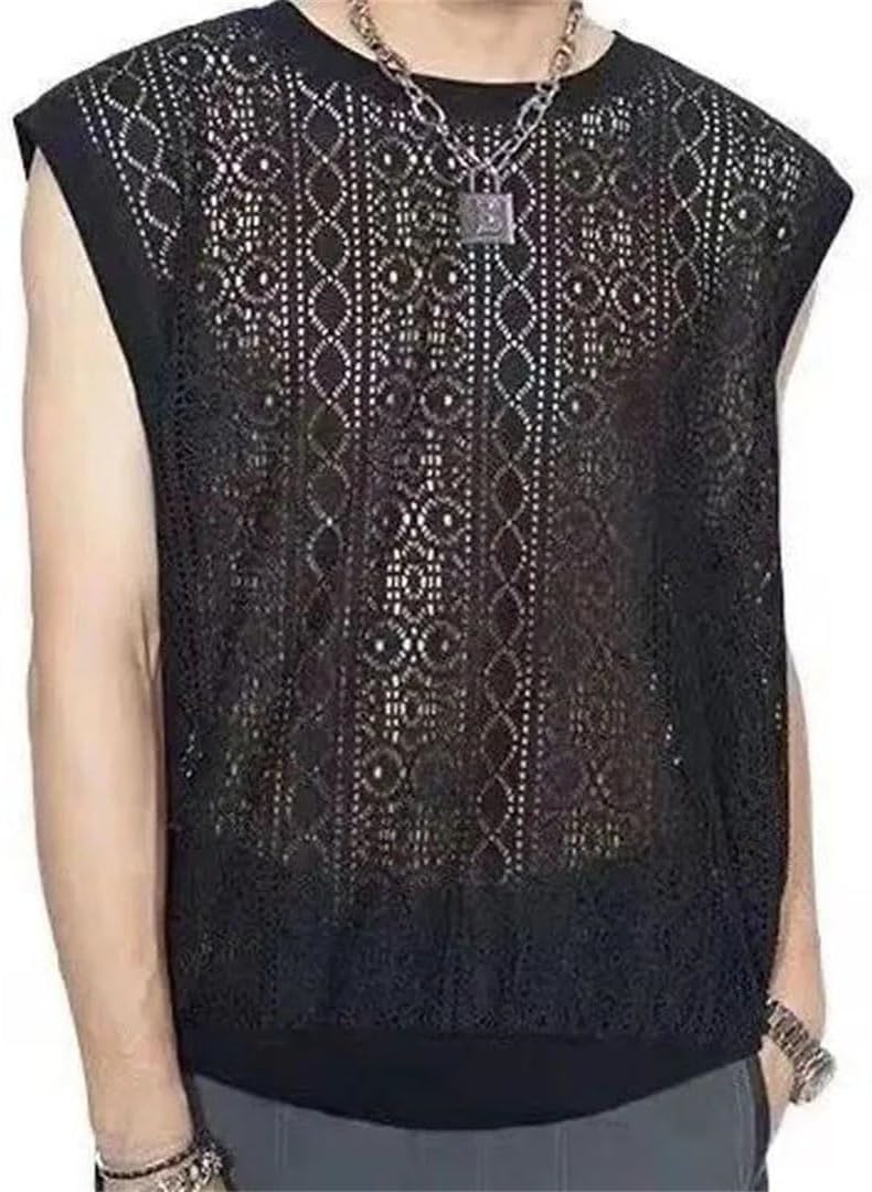 Men Tank Tops Hollow Out Printed Sleeveless Casual Streetwear Vest