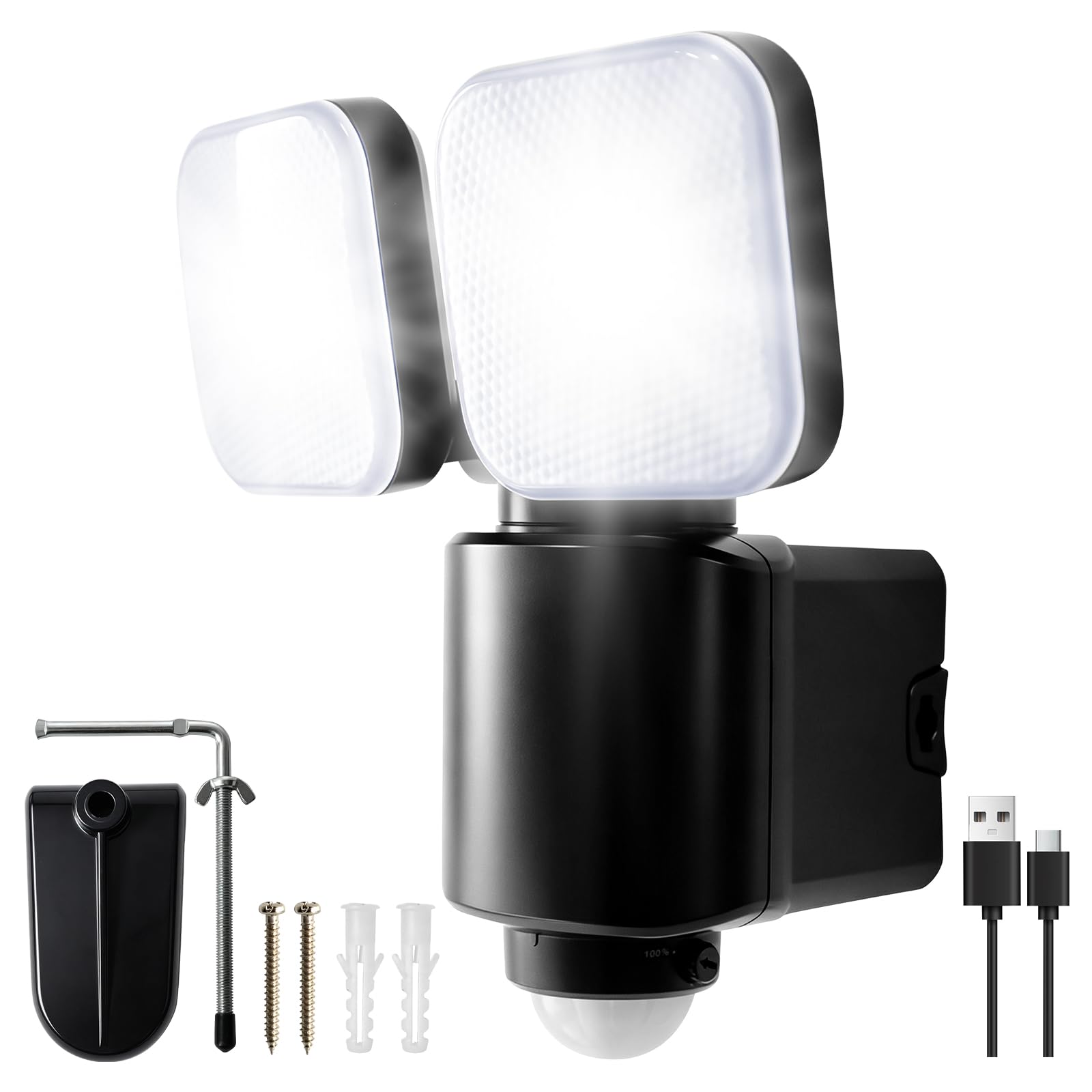 Taximi Outdoor Motion Sensor Light, 9000mAh Rechargeable USB-C Security Light, No-Drill Clamp or Wall Mount, IP65, 3 Modes for Fence, Pole, Shed, Garage and Patio