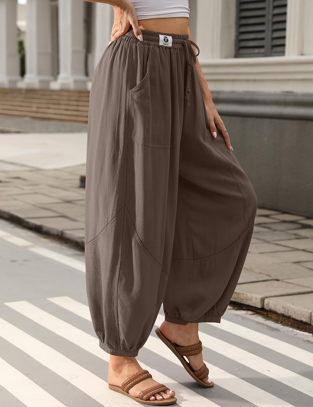 TARSE Womens Linen Barrel Harem Pants Casual Wide Leg Baggy Drawstring Boho Summer Beach Palazzo Travel Pants - Image 4