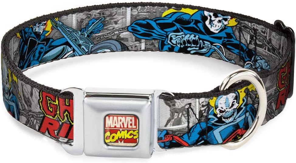 Dog Collar Seatbelt Buckle Ghost Rider 3 Riding Poses Comic Blocks Gray Yellow Black Red 16 to 23 Inches 1.5 Inch Wide