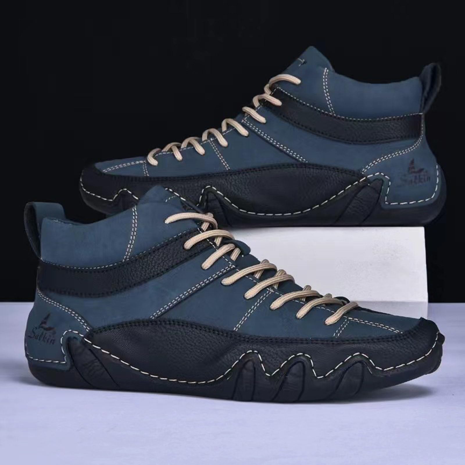 Zapatillas Deporte,Botas Casuales de Cuero para Hombre, caña Alta, Costuras Hechas a Mano, cómodas, sin Cordones, Zapatos de tacón Plano para Uso Diario con Jeans en otoño e Invierno.