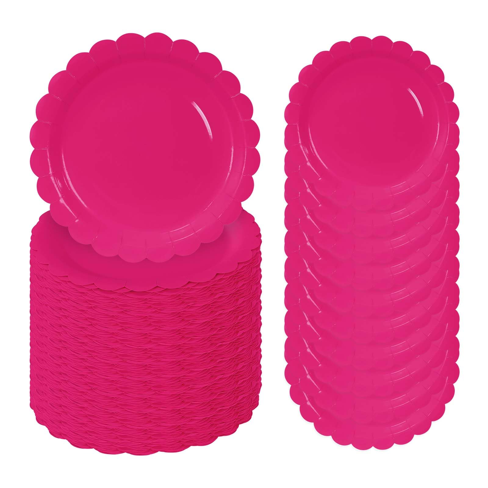 Lot de 50 assiettes en carton festonnées jetables rose vif de 17,8 cm pour mariage, fête prénatale, fête d'anniversaire, assiettes à dessert jetables