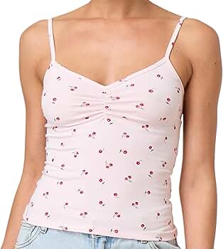 Women Y2K Cherry Print Cami Top Sexy Ruched Front Spaghetti