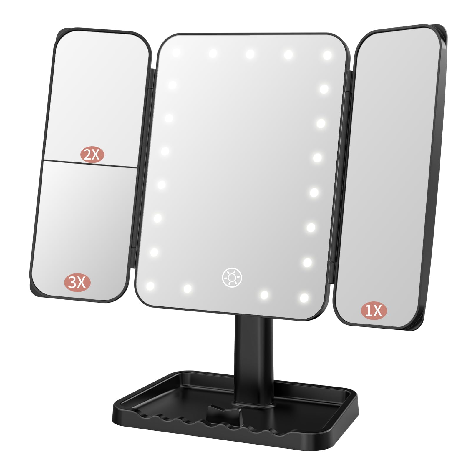 FASCINATE Rechargeable Trifold Makeup Vanity Mirror with Lights, Adjustable Dimming Touch Sensor, 180° Rotation, Portable Cosmetic Mirror