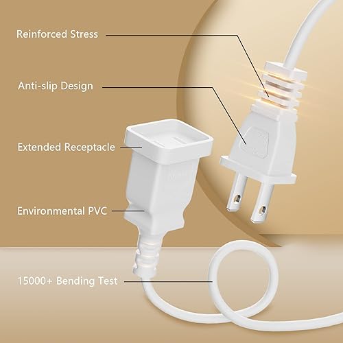 Miniatura 8 de BolAAzuL - Cable de extensión de alimentación blanco de 2 clavijas de 3 pies, cable de alimentación corto de enchufe individual macho a mujer, 16AWG