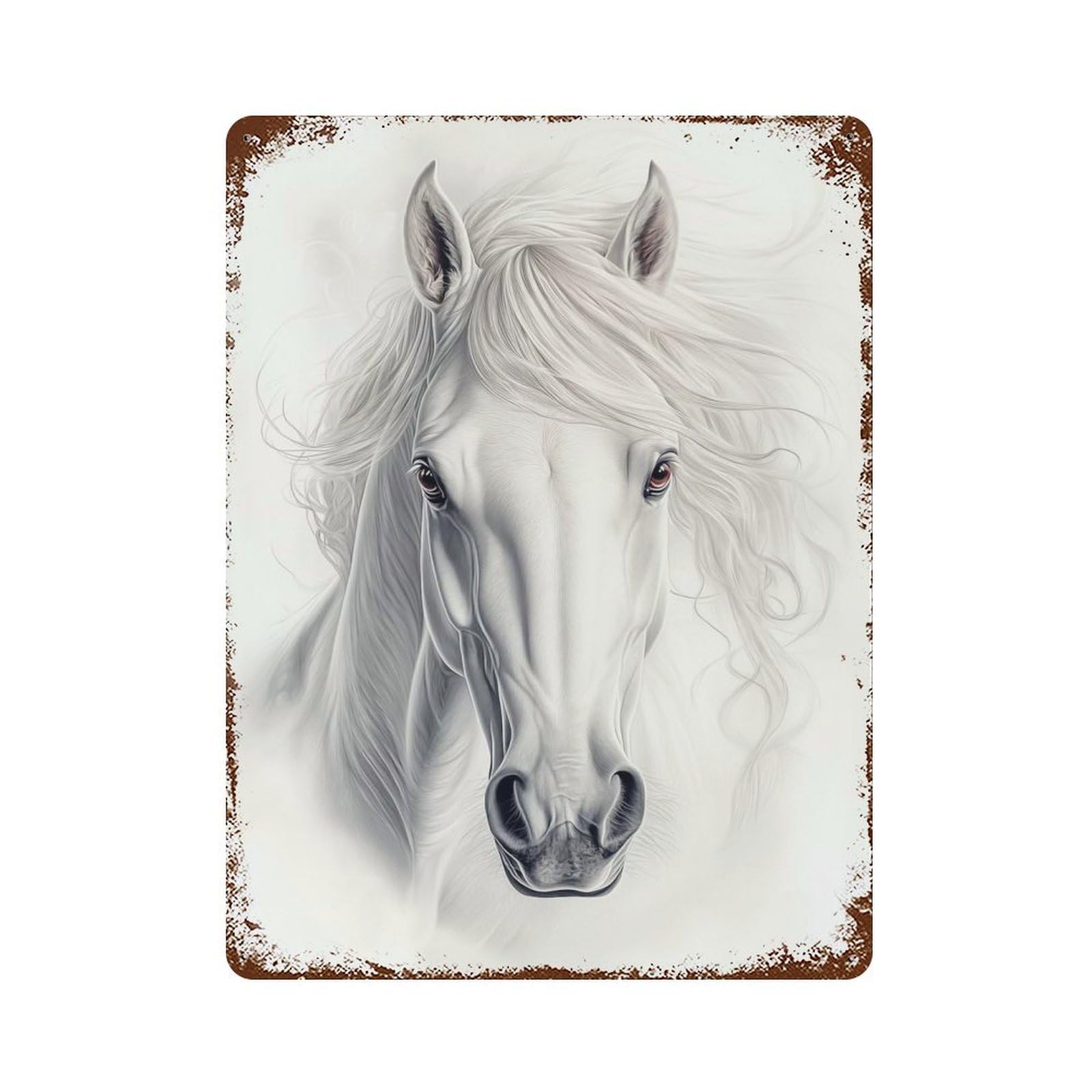 Garage Style White Horse Portrait Rust Effect Tin Sign 15.7"x11.8", Shabby Chic Decor for Bar And Workshop