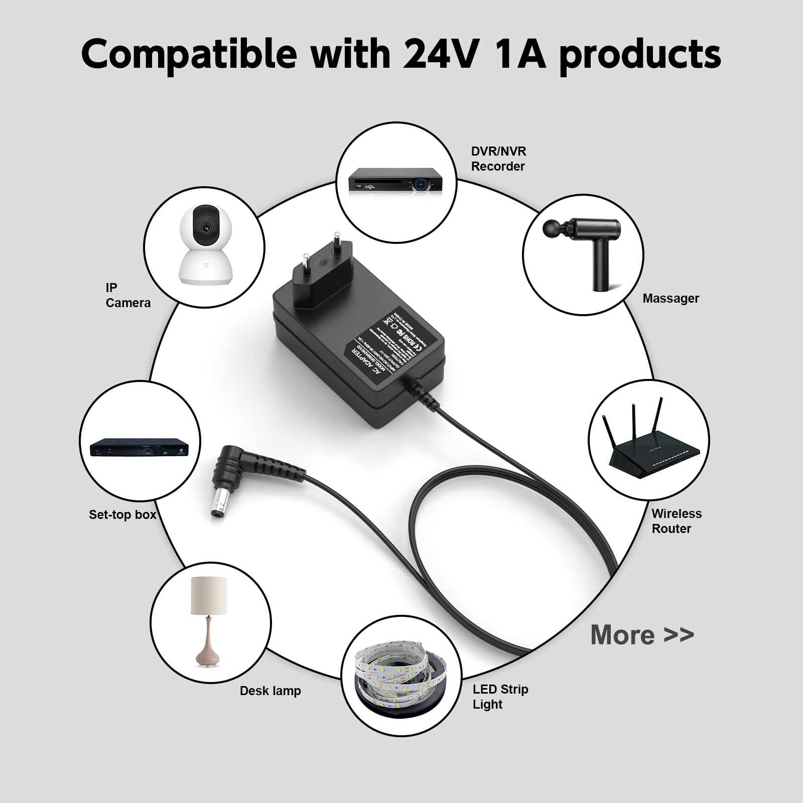 24V 1A Transformer 24W Zasilacz 24W do speedportu, routera, budzika radiowego, taśmy LED, pasków świetlnych, aparatu, zestawu górnego itp. Kabel ładowania Adapter 5.5±2.1mm Kabel 1.8m