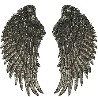 1pair/2pieces Gold Silver Sequins Angel Wings DIY Embroidered Iron on Patches Motif Applique for Clothes Decoration (Light Pink)