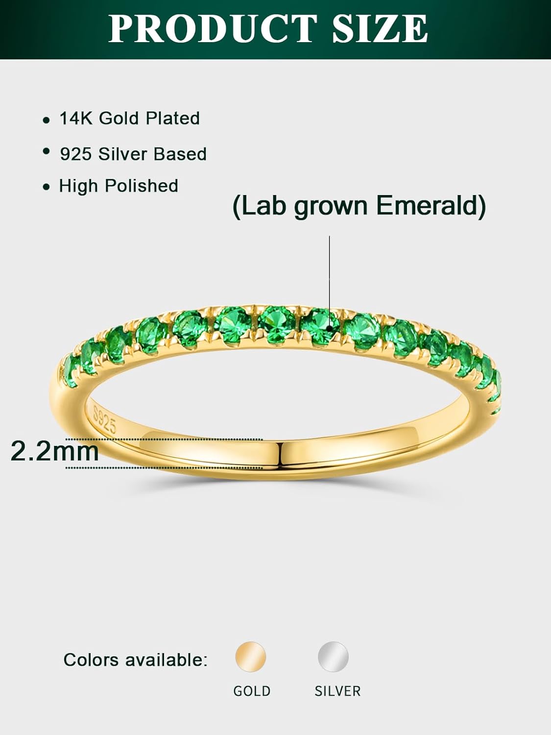 Emerald/Ruby/Sapphire Wedding Band for Men Women 14K Gold Plated Sterling Silver Bands 925 Stamped Stackable Finger Jewelry 2mm Moissanite Eternity Rings -Size 4-10 - Image 5