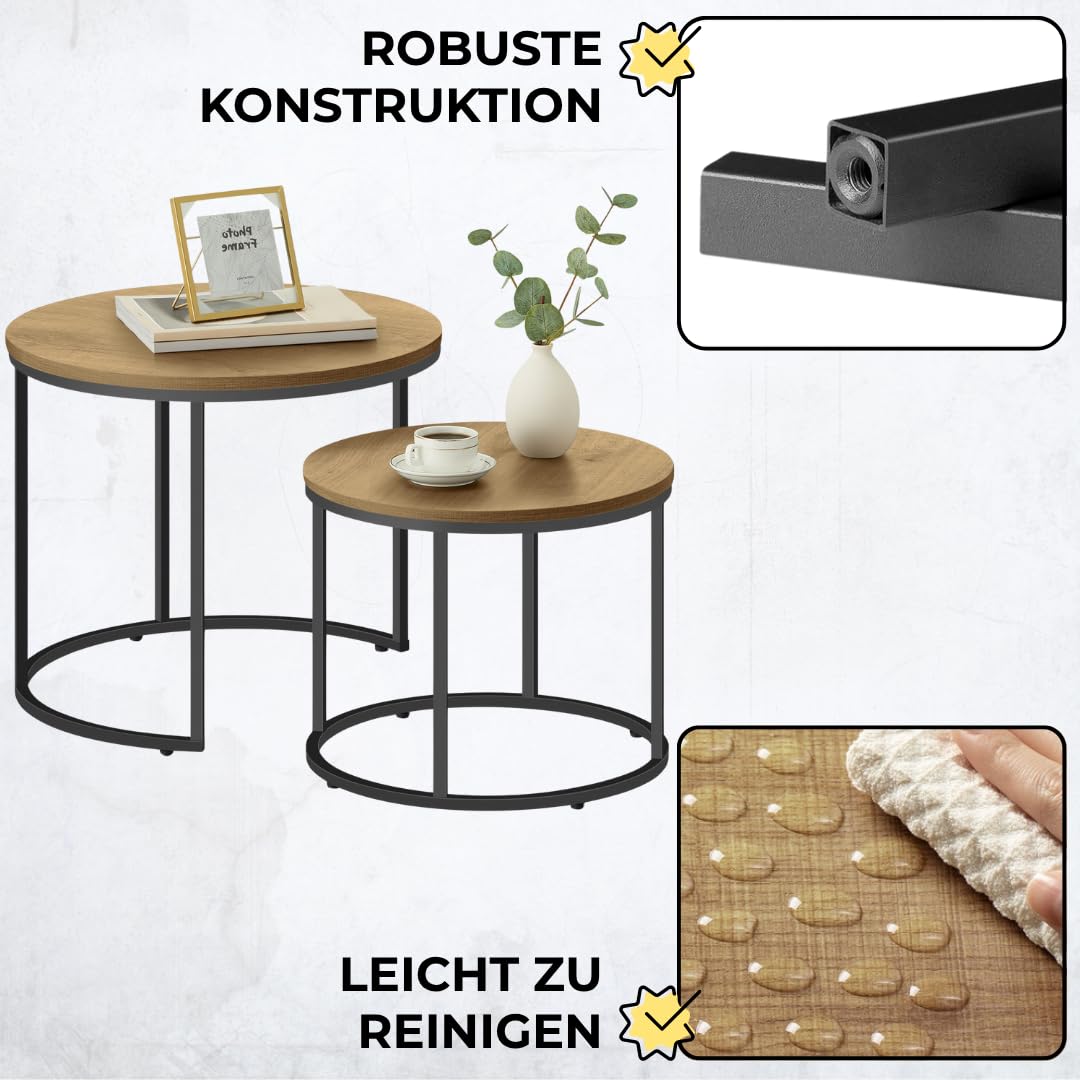 FORTENA 2er Set Couchtische, Schwarze oder goldene Metallbeine, Industrial-Stil, Raund (Eiche – Schwarze Tischbeine)