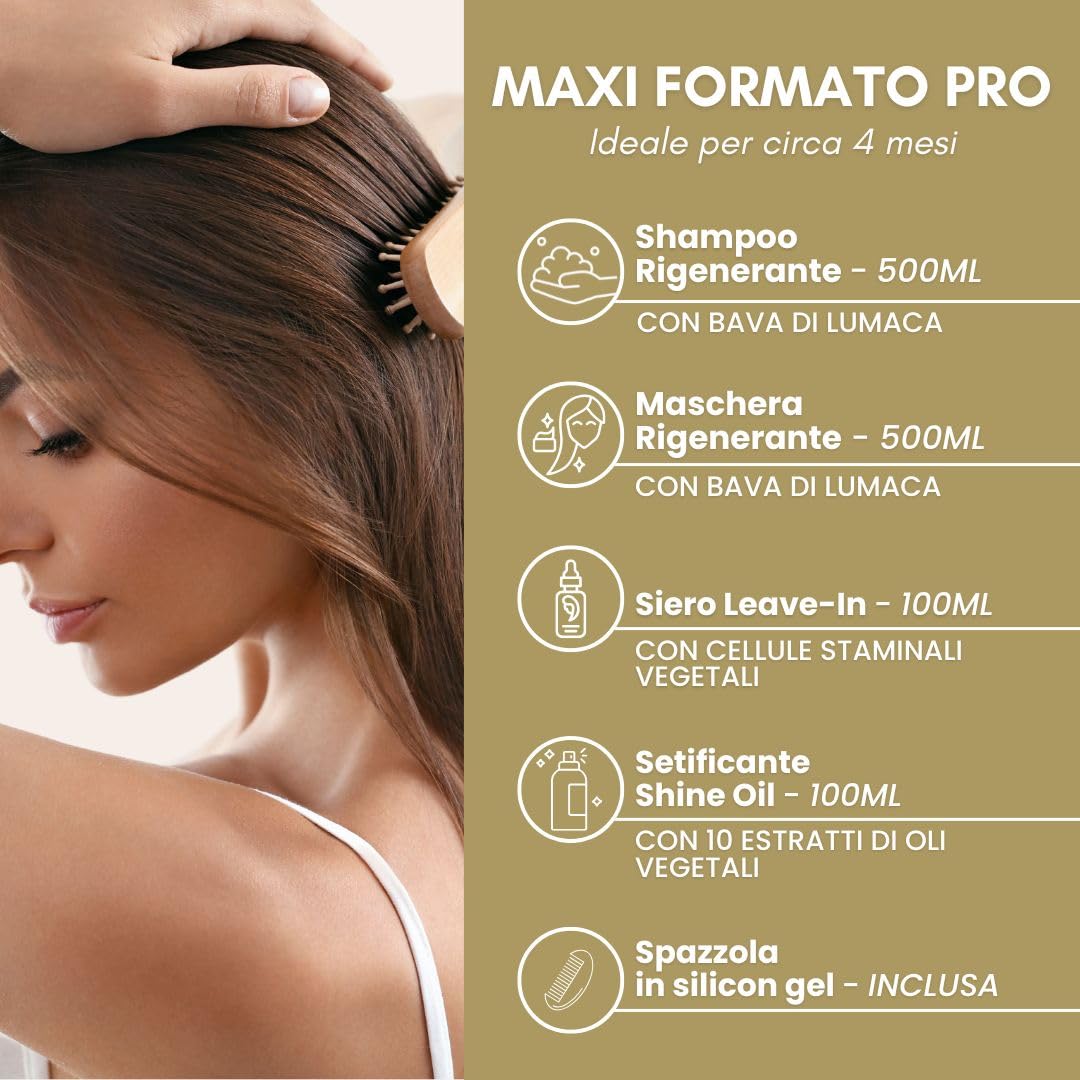 Beauxury Milano Kit Luxury Premium Professionale Shampoo, Maschera, Leave-in, Setificante e Spazzola Brush con Bava di Lumaca Ideale per Capelli Danneggiati da Tintura e Decolorazione.