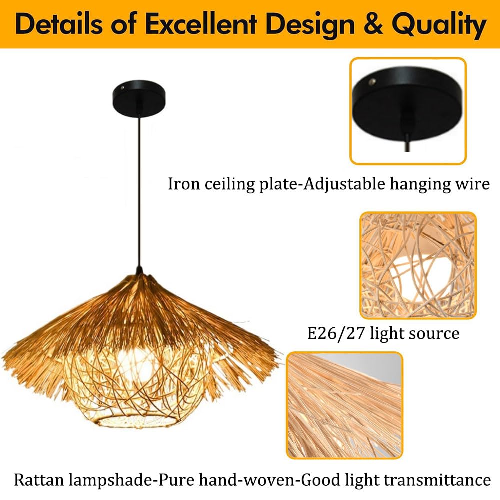 Lampada A Sospensione In Rattan Boho, Paralume In Vimini, Lanterna A Nido D'uccello Intrecciata A Mano Beige, Lampade Di Grandi Dimensioni In Rattan Per Soggiorno, Lampade In Vimini
