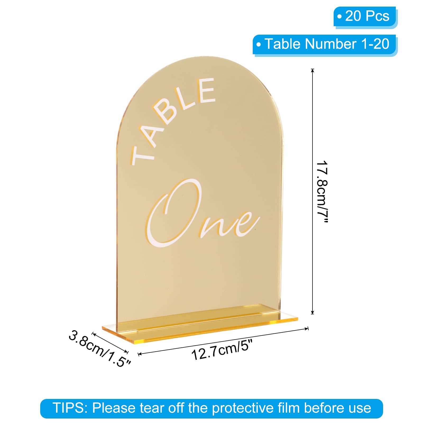 QUARKZMAN 20 Stück Gold Mirrored Arch Acryl Schild 5 x 7 Zoll Nummer 1 20 | mit Ständer, Acryl Arch Tischnummernhalter, für Hochzeitstisch Mittelstückdekoration