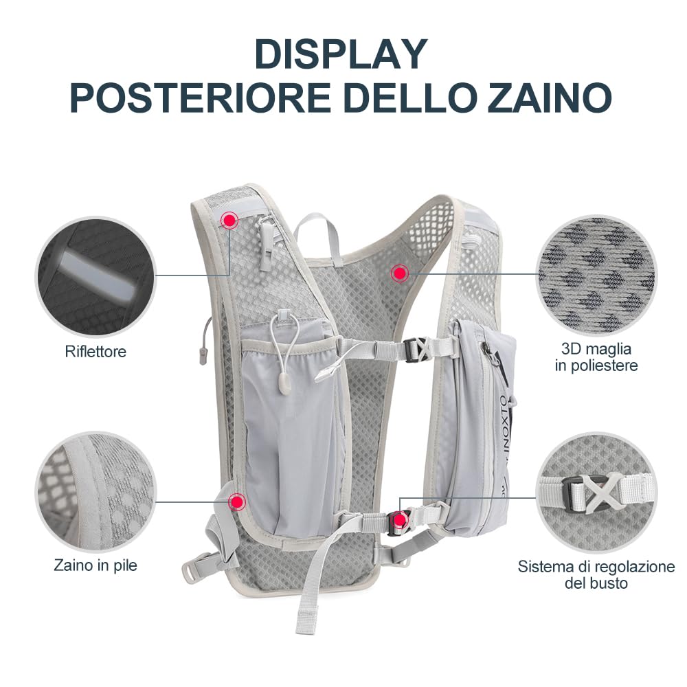 INOXTO Zaino da Corsa 5L - Leggero Zaino Idratazione con Strisce Riflettenti,Rete Traspirante per Outdoor, Maratona, Ciclismo, Alpinismo, Uomoe Donna