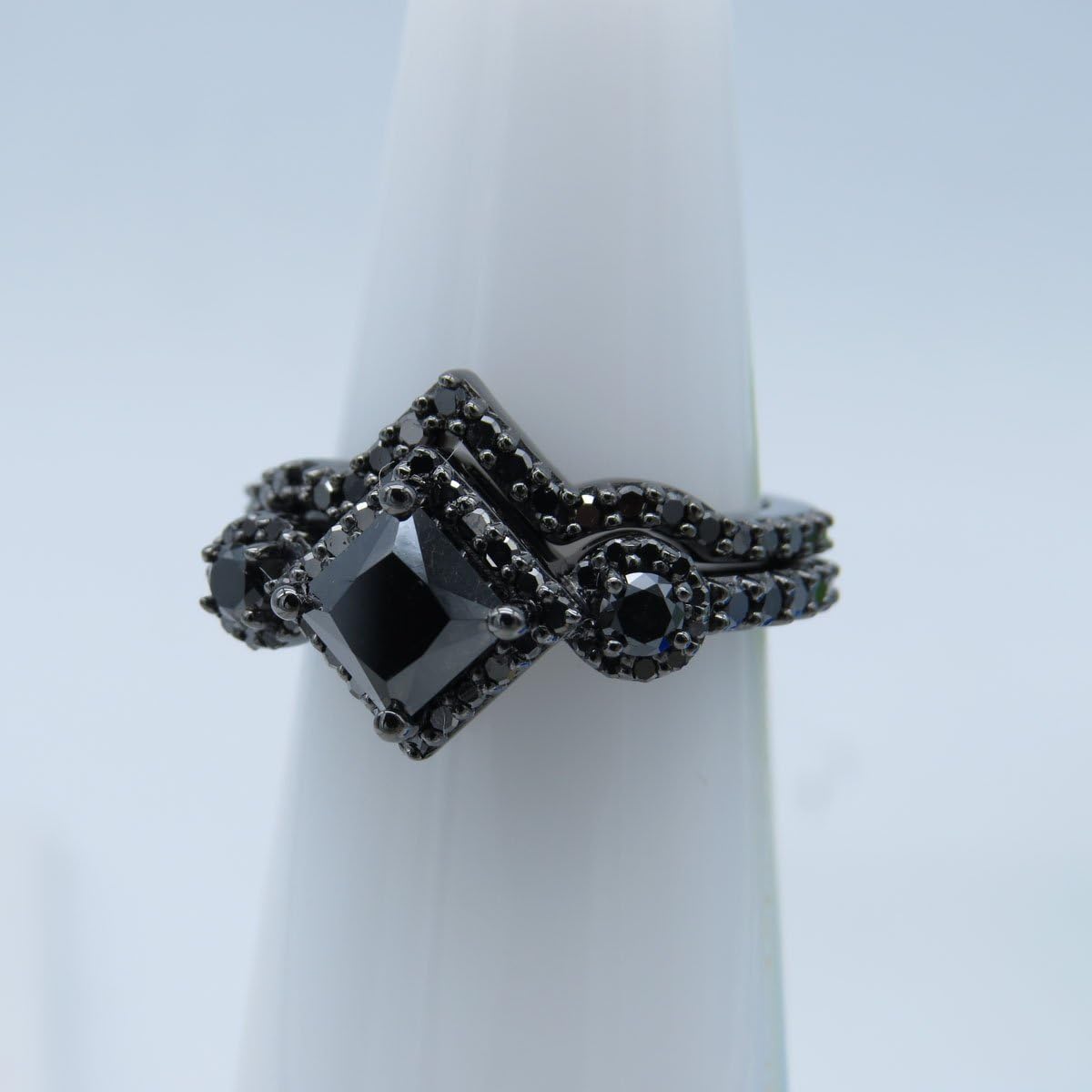 Dazzlingrock Collection 2.10 Ctw Princess & Round Black Natural Diamond Chevron Wedding Ring Set for Women in Black Plated Sterling Silver