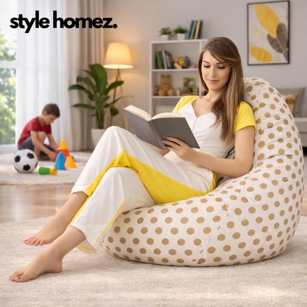 Style Homez Classic Cotton Canvas Polka Dots Printed Bean Bag XXXL Size Cover Only