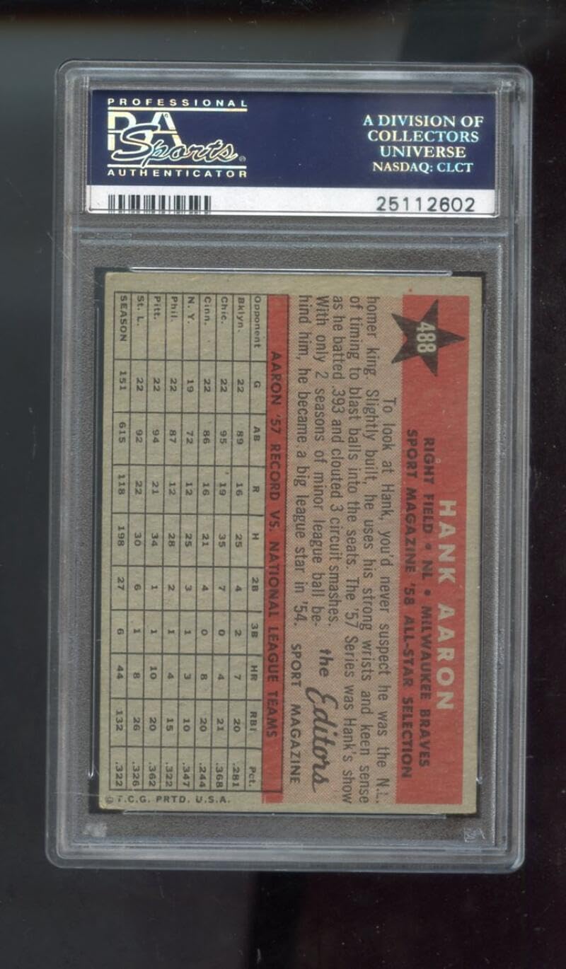 1958 Topps #488 Hank Aaron All-Star Sport Magazine AS PSA 3 Graded Baseball Card