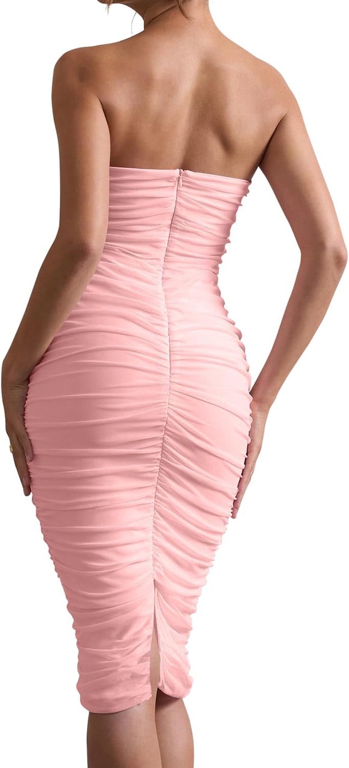 LCNBA Women's Sexy Strapless Tube Mesh Ruched Bodycon Split Midi Party Club Dress - Image 5