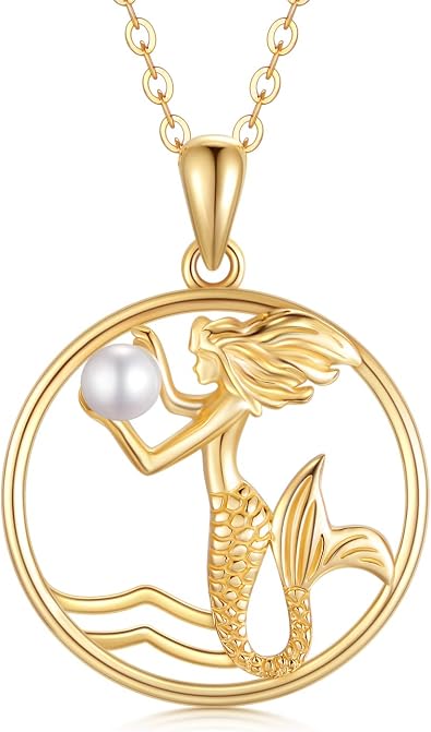 SISGEM Solid 14K Gold Mermaid Pendant Necklace Fairytale Mermaid Pearl Necklace for Women Dainty Jewelry Gifts for Her, 16-18