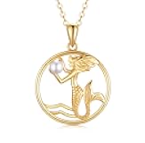 SISGEM Solid 14K Gold Mermaid Pendant Necklace Fairytale Mermaid Pearl Necklace for Women Dainty Jewelry Gifts for Her, 16''-18''