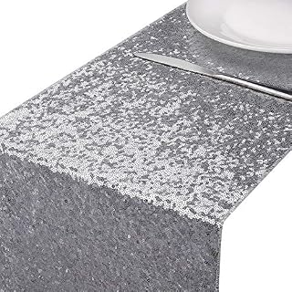 MengH-SHOP Table Runner Glitter Round Sequins Fabric for Wedding Birthday Party Baby Showers Table Cloth Decoration 12 * 110 inch Silver