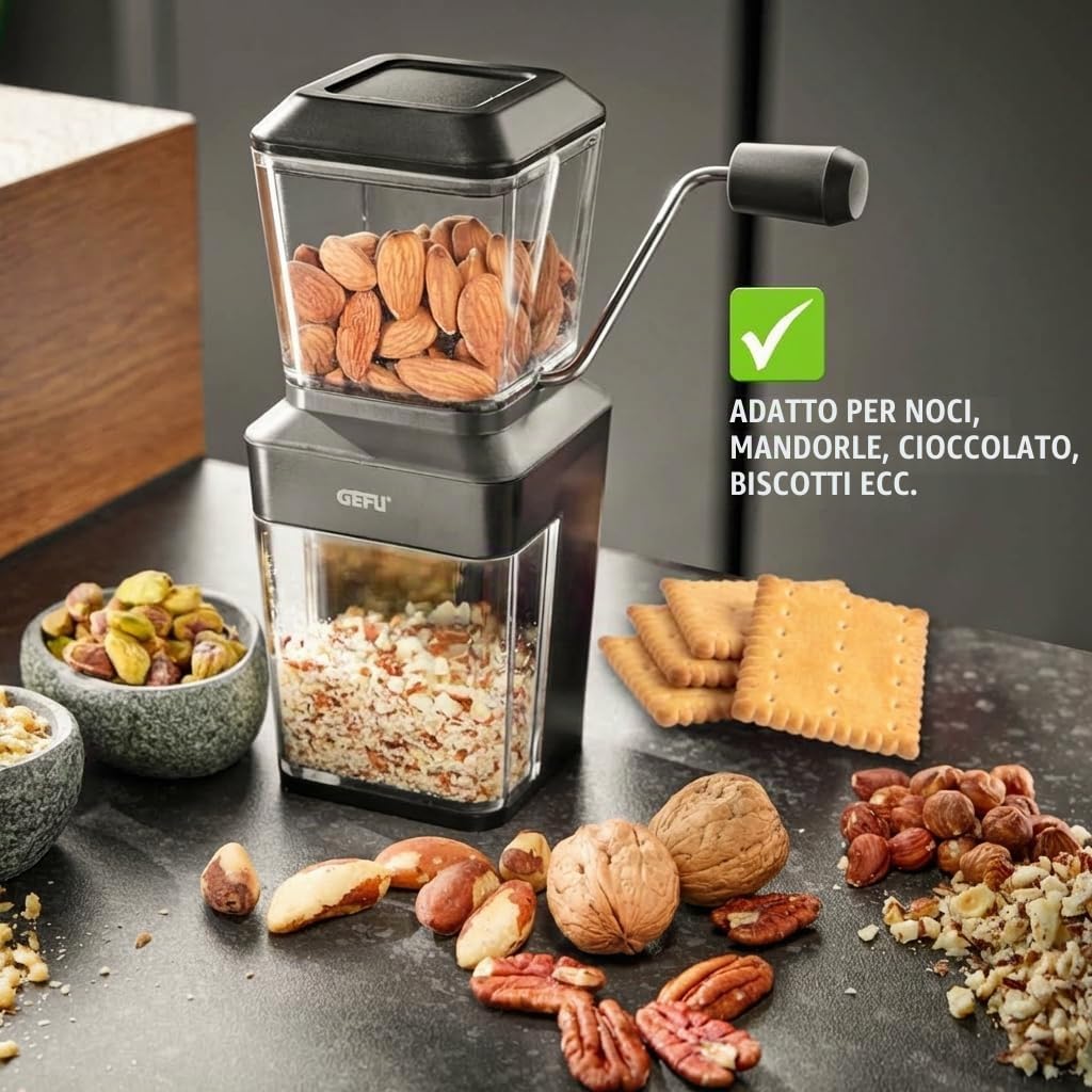 GEFU Trito - Macinasce in acciaio inox con manovella, per noci, mandorle, cioccolato, biscotti, con cassetto di raccolta, lavabile in lavastoviglie
