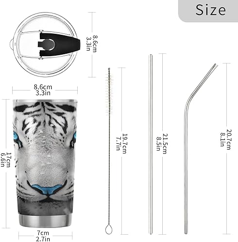 Miniatura 3 de Kigai Vaso de 20 onzas con tapa y pajilla, diseño de tigre blanco con hermosos ojos azules, de acero inoxidable, aislado al vacío, para agua, café,
