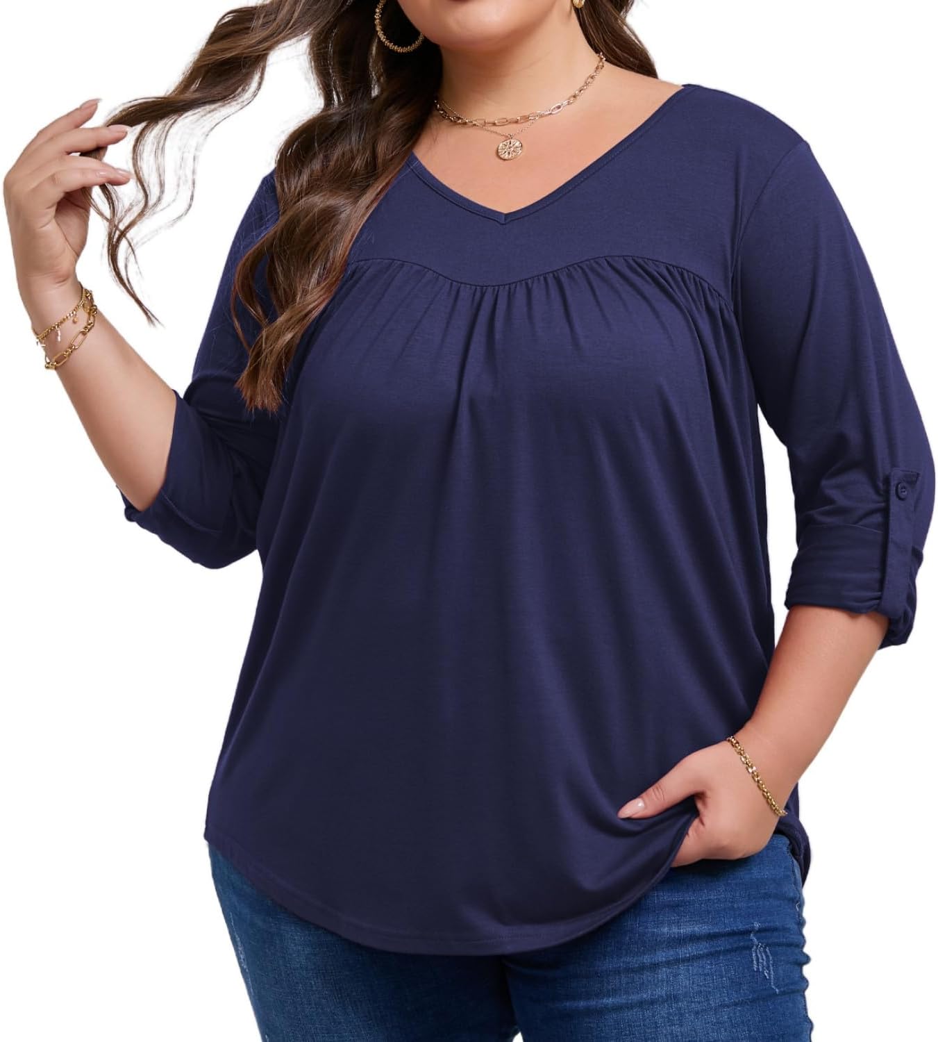 Plus Size Tops for Women 3/4 Sleeve Tops V Neck Blouses Summer Loose Fit Tunic Blouse(1X-4XL)