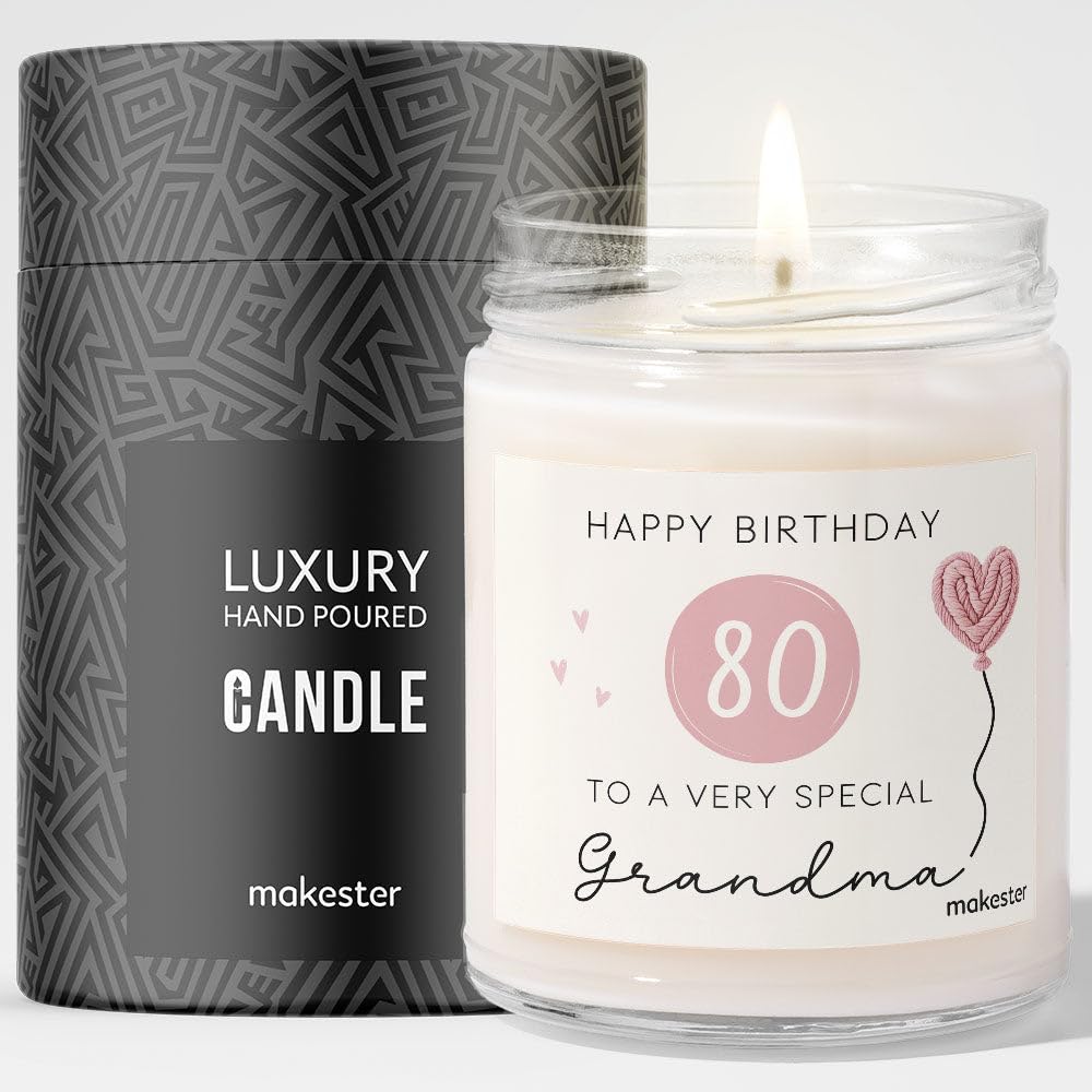 80th Birthday Gifts for Grandma - Luxury Soy Wax Candle - Vanilla, Jasmine, Sugared Almond - Makester