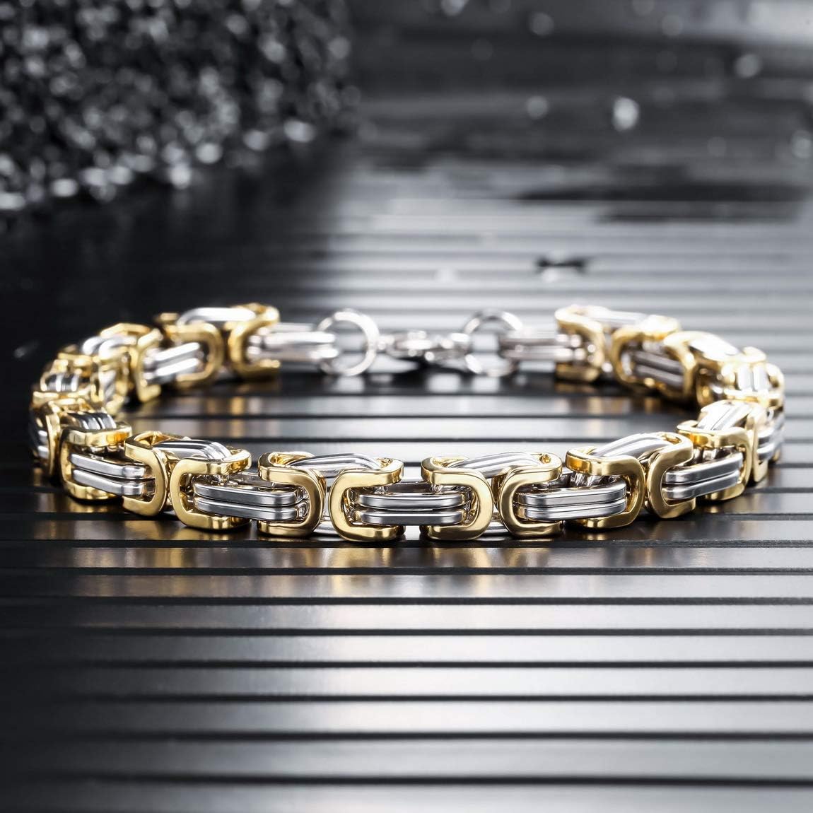 INBLUE 8mm Wide 316L Stainless Steel Bracelet Byzantine Link Chain Bracelet for Men Women Water Resistance (5 Colors - Silver Black Gold Silver and Silver and Gold, 4 Lengths - 7.5" 8" 8.5" 9") - Image 4