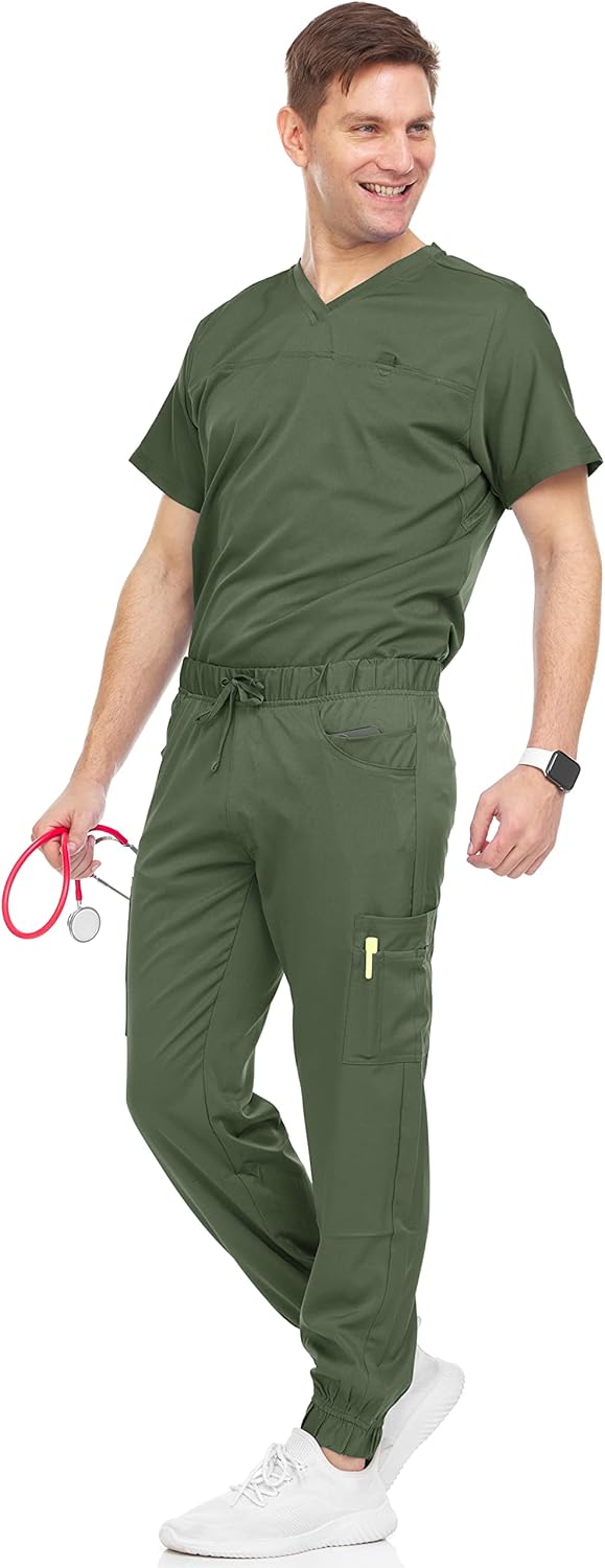 Medichic Men's Workwear Stretch V-Neck Scrub Joggers Set with Seven-Pocket Pants, Available in 6+ Colors : Clothing, Shoes & Jewelry