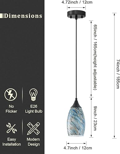 Miniatura 4 de ANYLOVE Iluminación colgante de guijarro azul vintage, paquete de 3 lámparas colgantes de vidrio de mano, cable ajustable para cocina, pasillo,