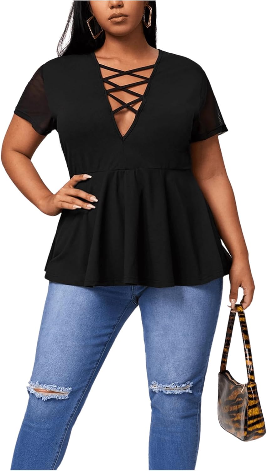 OYOANGLE Women's Plus Size Mesh Short Sleeve Criss Cross Front Plunging Neck Peplum Blouse - Image 3