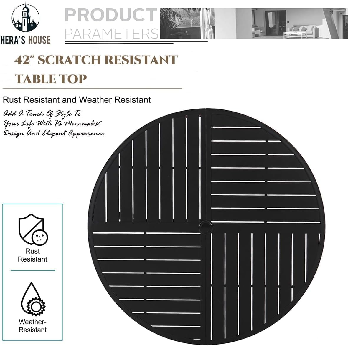 HERA'S HOUSE 42" Round Patio Table with Umbrella Hole, Outdoor Dining Table for 4, Black Metal Table for Deck Lawn Garden Backyard