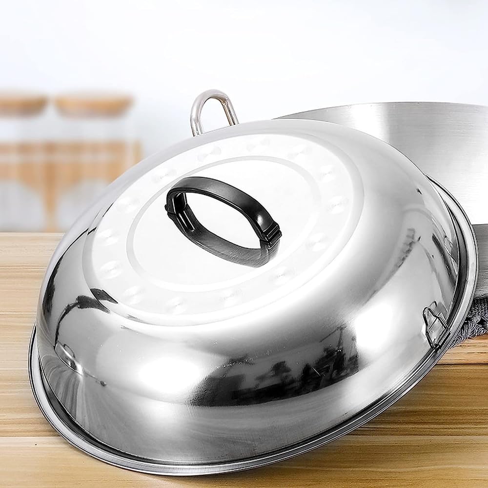 Tapa universal de acero inoxidable con mango negro para sartenes, woks y ollas, tapa redonda gruesa de arco alto, tapa de repuesto para utensilios de cocina, 64 cm